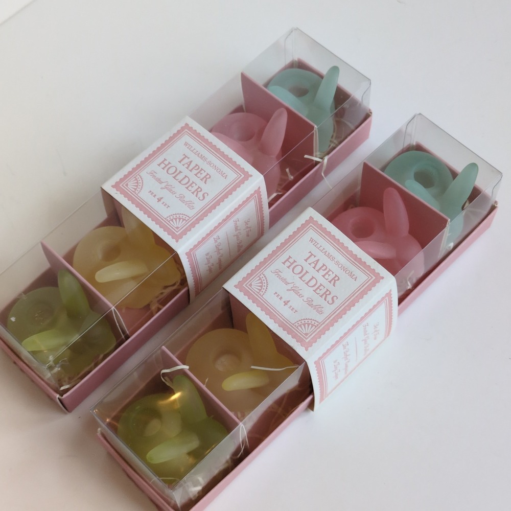 NIB William Sonoma Pastel Frosted‎ Glass Bunny Taper Candle Holders (Set of 8)
